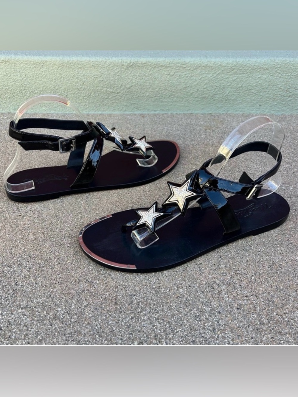 NEW $295~MISS TRISH of CAPRI~Rhinestone Star Ankle Strap Flat Sandals~9.5/10/40
